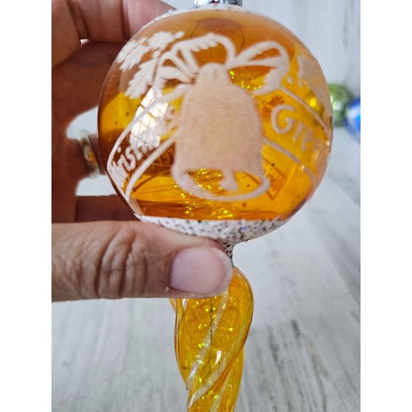 Vintage radko shiny Brite yellow tinsel glitter greetings bell spiral ornament X - Picture 4 of 8